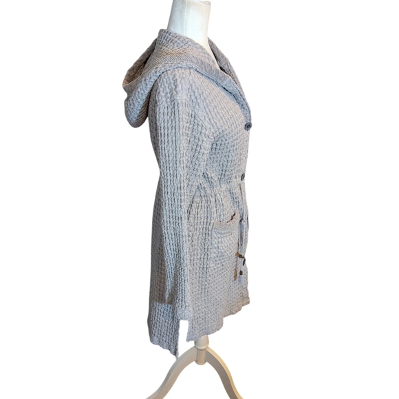 Mododoc Waffle Knit Hooded Gray Long Cardigan Duster Jacket Cinch Waist Size M - Picture 2 of 8